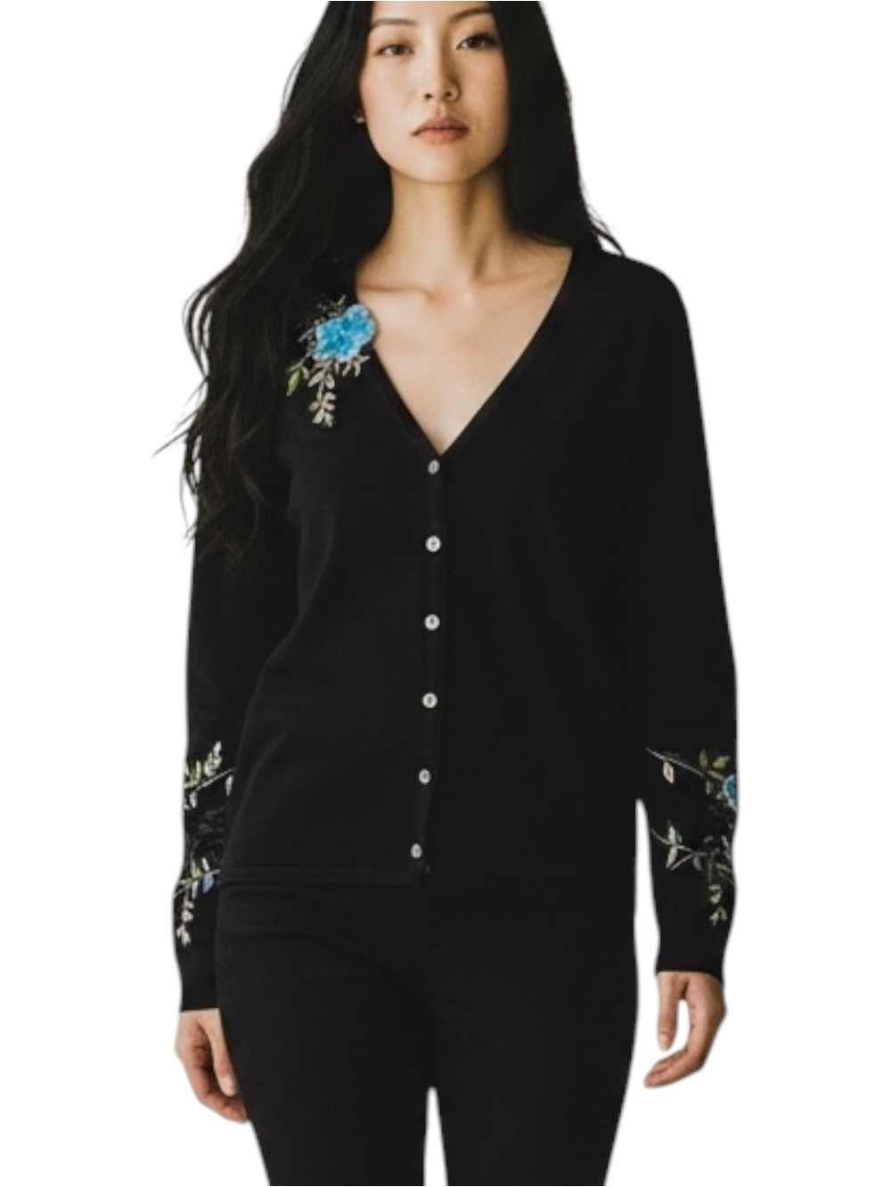 CAMI Black V-Neck Button Cardigan with Blue Floral Embroidery NWOT Size L